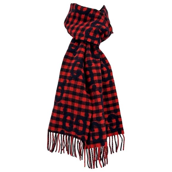 NEW GUCCI Red Blue Wool Check GG Monogram Logo Scarf $690 Authentic - Picture 5 of 8